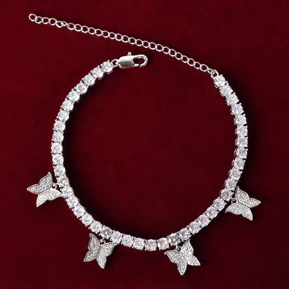 Women Iced Out Butterfly Tennis Link Chain Anklet 